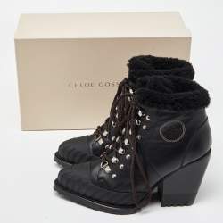 Pre Owned Chloe Black Leather Lace Up Ankle Booties Size 39
