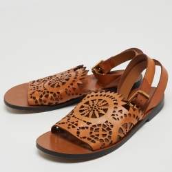 Pre Owned Chloe Brown Leather Laser Cut Ankle Strap Sandals Size 40