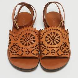 Pre Owned Chloe Brown Leather Laser Cut Ankle Strap Sandals Size 40