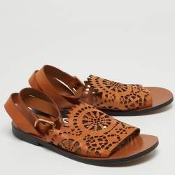 Pre Owned Chloe Brown Leather Laser Cut Ankle Strap Sandals Size 40