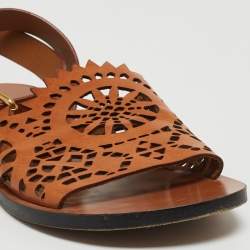 Pre Owned Chloe Brown Leather Laser Cut Ankle Strap Sandals Size 40