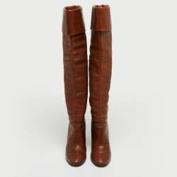 Pre Owned Chloe Brown Leather Knee Length Boots Size 38
