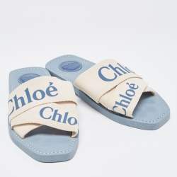 Pre Owned Chloe White/Blue Logo Canvas Woody Slides Size 37