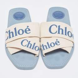 Pre Owned Chloe White/Blue Logo Canvas Woody Slides Size 37