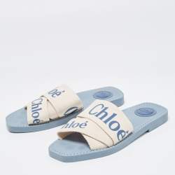 Pre Owned Chloe White/Blue Logo Canvas Woody Slides Size 37