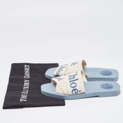 Pre Owned Chloe White/Blue Logo Canvas Woody Slides Size 37