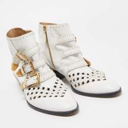 Pre Owned Chloe White Leather Cutout Studded Susanna Boots Size 40