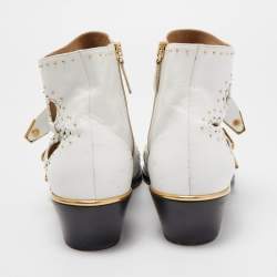 Pre Owned Chloe White Leather Cutout Studded Susanna Boots Size 40