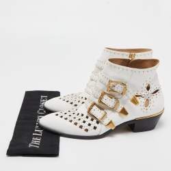 Pre Owned Chloe White Leather Cutout Studded Susanna Boots Size 40
