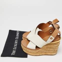 Chloe White/Tan Leather Cross Strap Wedge Platform Slingback Sandals Size 38