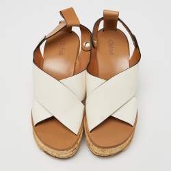 Chloe White/Tan Leather Cross Strap Wedge Platform Slingback Sandals Size 38