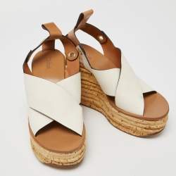 Chloe White/Tan Leather Cross Strap Wedge Platform Slingback Sandals Size 38