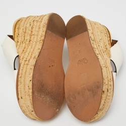 Chloe White/Tan Leather Cross Strap Wedge Platform Slingback Sandals Size 38