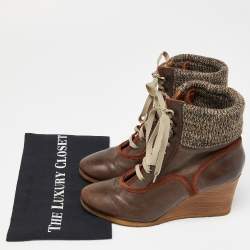 Pre Owned Chloe Brown Leather and Knit Fabric Wedge Ankle Boots Size 39