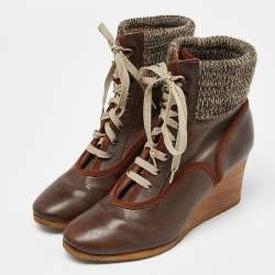 Pre Owned Chloe Brown Leather and Knit Fabric Wedge Ankle Boots Size 39