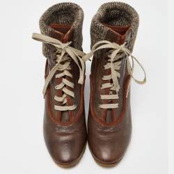 Pre Owned Chloe Brown Leather and Knit Fabric Wedge Ankle Boots Size 39
