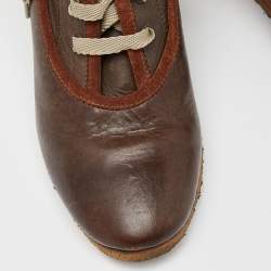 Pre Owned Chloe Brown Leather and Knit Fabric Wedge Ankle Boots Size 39