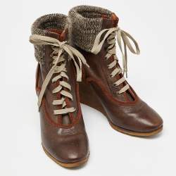 Pre Owned Chloe Brown Leather and Knit Fabric Wedge Ankle Boots Size 39