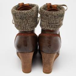 Pre Owned Chloe Brown Leather and Knit Fabric Wedge Ankle Boots Size 39