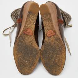 Pre Owned Chloe Brown Leather and Knit Fabric Wedge Ankle Boots Size 39