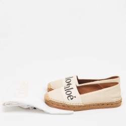 Pre Owned Chloe Cream Leather and Logo Canvas Woody Espadrille Flats Size 37