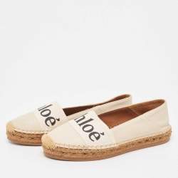 Pre Owned Chloe Cream Leather and Logo Canvas Woody Espadrille Flats Size 37