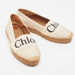 Pre Owned Chloe Cream Leather and Logo Canvas Woody Espadrille Flats Size 37