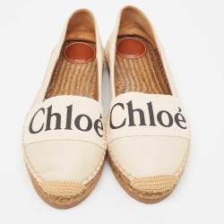 Pre Owned Chloe Cream Leather and Logo Canvas Woody Espadrille Flats Size 37