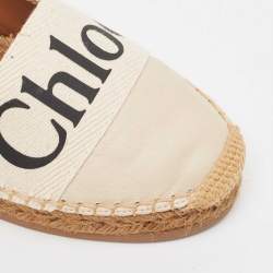 Pre Owned Chloe Cream Leather and Logo Canvas Woody Espadrille Flats Size 37