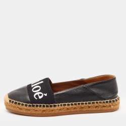 Chloe Black Leather and Logo Canvas Woody Espadrille Flats Size 37