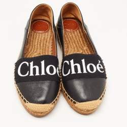 Chloe Black Leather and Logo Canvas Woody Espadrille Flats Size 37