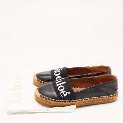 Chloe Black Leather and Logo Canvas Woody Espadrille Flats Size 37