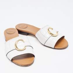 Chloe White Croc Embossed Leather C Slide Sandals Size 40