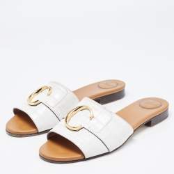 Chloe White Croc Embossed Leather C Slide Sandals Size 40