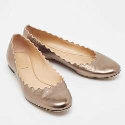 Pre Owned Chloé Metallic Scalloped Leather Lauren Ballet Flats Size 35.5