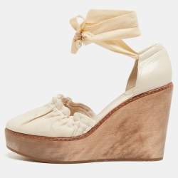 Chloe Cream Leather and Canvas Wedge Platform Ankle Tie Pumps Size 41