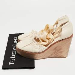 Chloe Cream Leather and Canvas Wedge Platform Ankle Tie Pumps Size 41