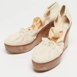 Chloe Cream Leather and Canvas Wedge Platform Ankle Tie Pumps Size 41