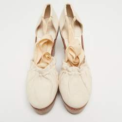 Chloe Cream Leather and Canvas Wedge Platform Ankle Tie Pumps Size 41