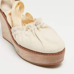 Chloe Cream Leather and Canvas Wedge Platform Ankle Tie Pumps Size 41