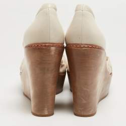 Chloe Cream Leather and Canvas Wedge Platform Ankle Tie Pumps Size 41