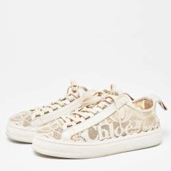 Chloe Beige Mesh  and Leather Lauren Lace Up Sneakers Size 38