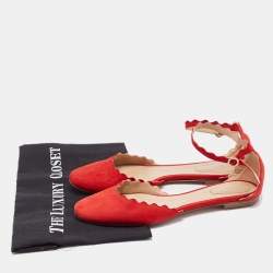 Chloe Red Scalloped Suede Lauren Ankle Strap Flats Size 38.5