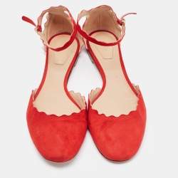 Chloe Red Scalloped Suede Lauren Ankle Strap Flats Size 38.5