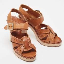 Chloe Tan Leather Open Toe Platform Ankle Strap Sandals Size 39