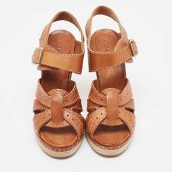 Chloe Tan Leather Open Toe Platform Ankle Strap Sandals Size 39