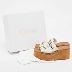 Chloe White Canvas Logo Print Woody Wedge Platform Slide Sandals Size 38