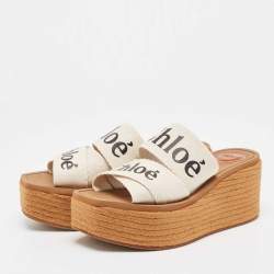 Chloe White Canvas Logo Print Woody Wedge Platform Slide Sandals Size 38