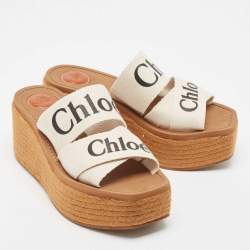Chloe White Canvas Logo Print Woody Wedge Platform Slide Sandals Size 38