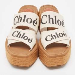 Chloe White Canvas Logo Print Woody Wedge Platform Slide Sandals Size 38